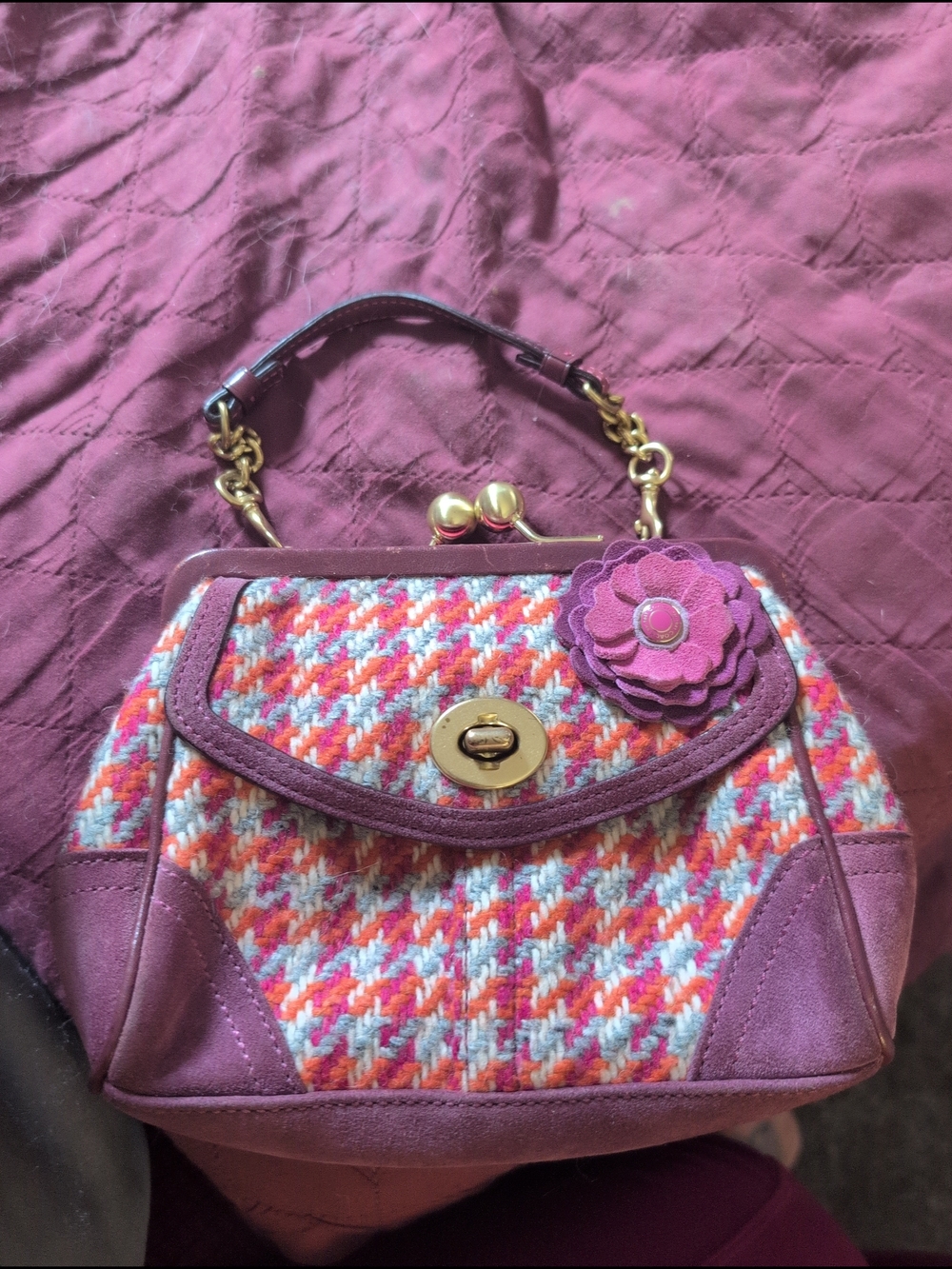 Coach Multicolor Houndstooth Tweed Satchel with Purple Trim